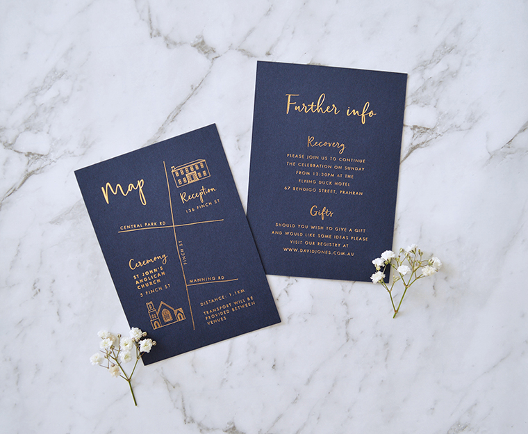 Gold foil on navy calligraphy invitation | RSVP | Wishing well | Modern calligraphy invitation | Elegant calligraphy invitation | Wedding map | Custom map | Something Peach