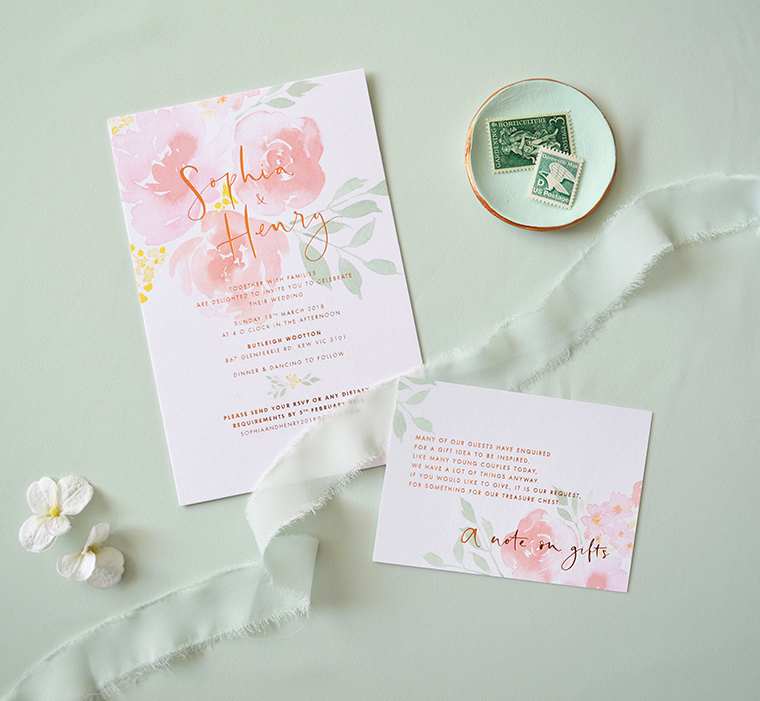 Floral watercolour wedding invitation | Bronze foil invitation | Calligraphy invitation | Something Peach