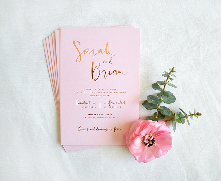 Rose gold foil on Pink | Modern calligraphy invitation | Elegant calligraphy invitation | Something Peach