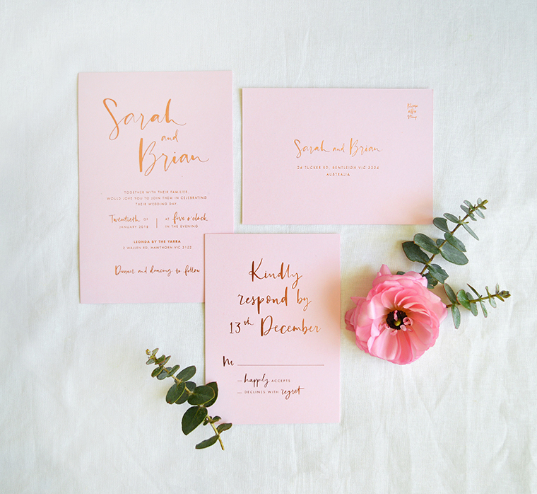 Rose gold foil on Pink | Modern calligraphy invitation | Elegant calligraphy invitation | Something Peach