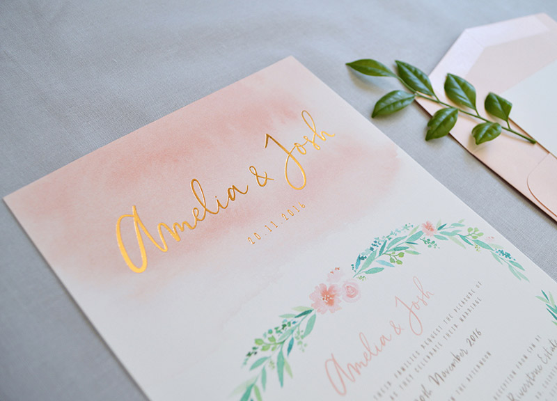 Peach watercolour wedding invitation with copper foil | Garden wedding invitation | Watercolour wedding invitation | Copper foil wedding invitation | Something Peach