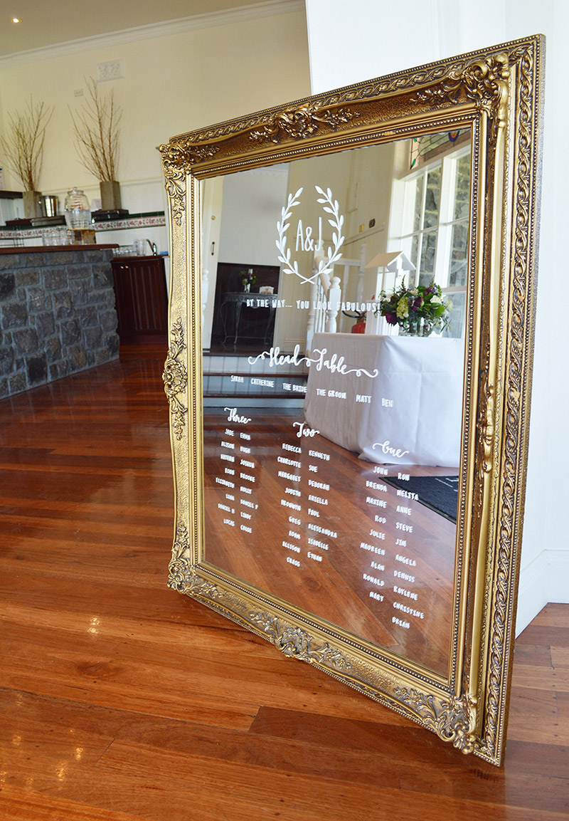 Hand painted mirror table seating chart | Something Peach | Melbourne wedding