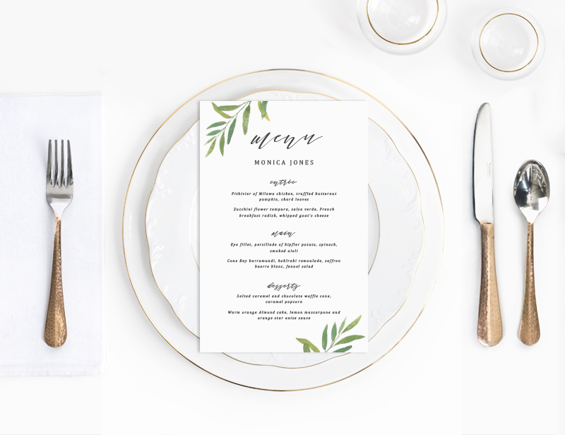 Watercolour foliage wedding menu | Garden wedding menu | Something Peach | Melbourne wedding