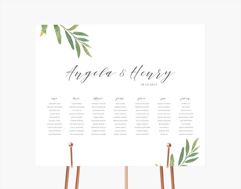 Watercolour foliage calligraphy table seating chart | Modern table seating chart | Something Peach | Melbourne wedding