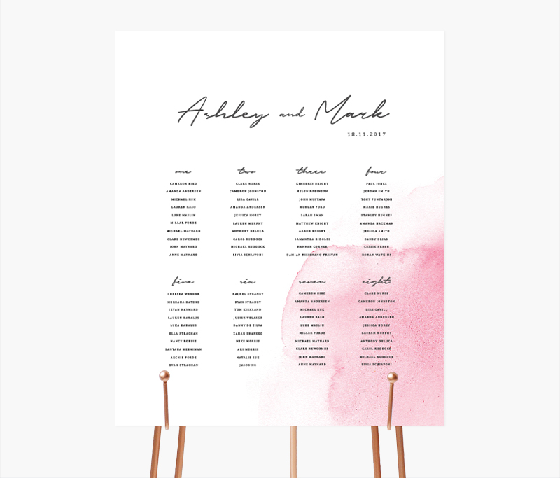 Pink watercolour calligraphy table seating chart | Modern table seating chart | Something Peach | Melbourne wedding
