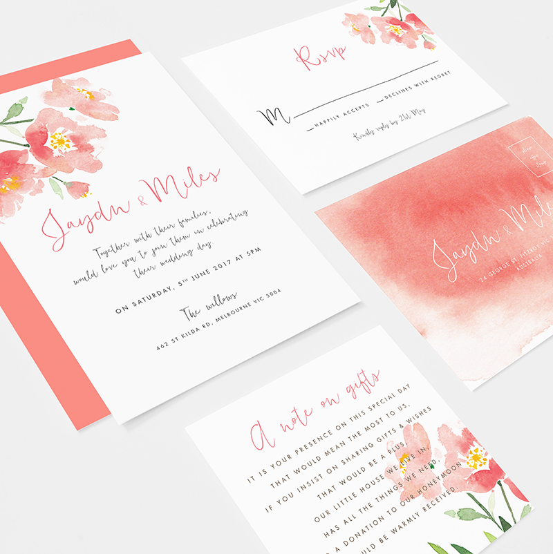 Orange red floral watercolour invitation suite | Red floral watercolour invitation | RSVP | Wishing well | Something Peach | Melbourne wedding