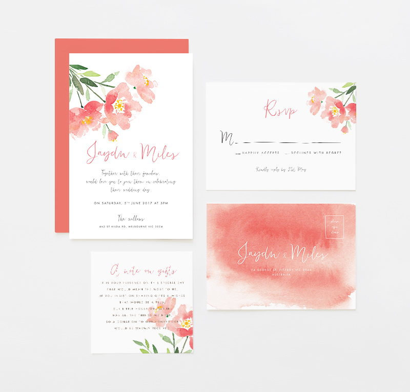 Orange red floral watercolour invitation suite | Red floral watercolour invitation | RSVP | Wishing well | Something Peach | Melbourne wedding