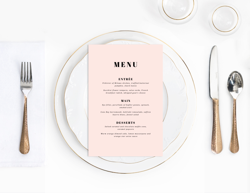 Modern blush wedding menu | Something Peach