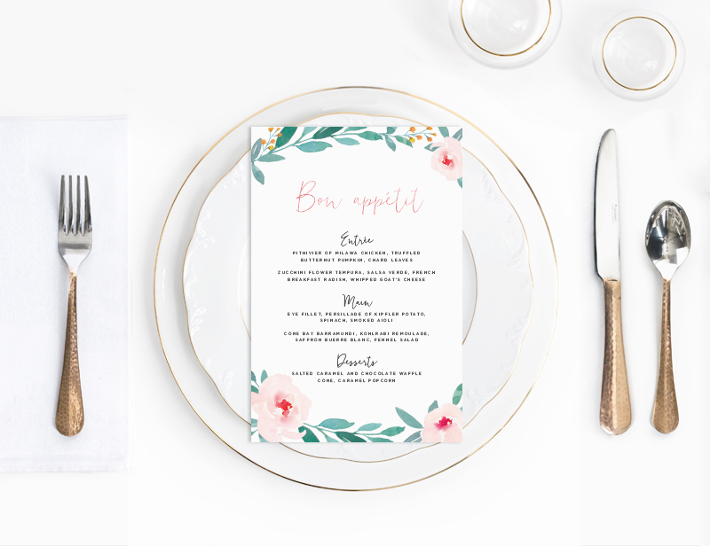 Peach floral watercolour wedding menu | Garden watercolour wedding menu | Modern floral menu | Something Peach | Melbourne wedding