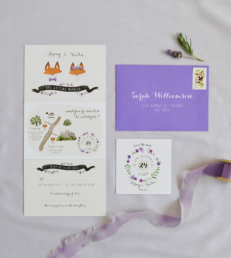 Whimsical illustrated wedding invitation | Fox wedding invitation | Animal wedding invitation | Hand drawn map | Purple wedding invitation | Something Peach