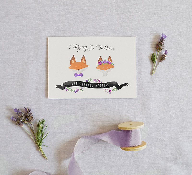 Whimsical illustrated wedding invitation | Fox wedding invitation | Animal wedding invitation | Purple wedding invitation | Something Peach