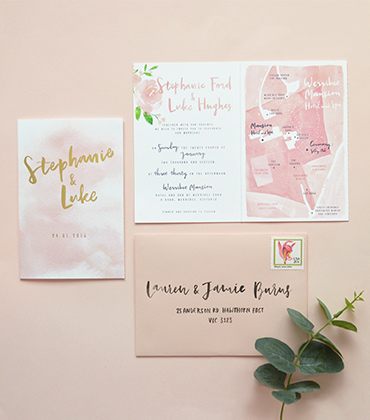 Peach floral watercolour gold foil wedding invitation | Beautiful wedding invitation | Watercolour invitation | Watercolour map | Something Peach
